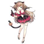  1girl ;d animal_ears bat_wings black_bra blue_eyes bra breasts brown_hair cat_ears cat_tail cleavage dress earrings full_body girls&#039;_frontline gloves gun h&amp;k_mark_23 halloween handgun heart heart_earrings heckler_&amp;_koch holding holding_gun holding_weapon jewelry lace-trimmed_bra lace_trim large_breasts long_hair looking_at_viewer mk23_(girls&#039;_frontline) mk23_(impish_sweetheart)_(girls&#039;_frontline) multicolored_hair official_alternate_costume official_art one_eye_closed open_mouth pink_hair sandals sheska_xue skirt smile solo streaked_hair tail thighlet tiara toes transparent_background underwear weapon wings 