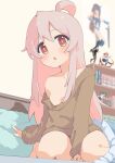  1girl absurdres ahoge bed breasts figure green_sweater highres indoors long_hair looking_at_viewer off_shoulder on_bed onii-chan_wa_oshimai! open_mouth orange_eyes oyama_mahiro pink_hair poster_(object) raiz_art_works shelf single_bare_shoulder sitting small_breasts solo sweater 