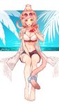  1girl absurdres animal_ears animal_on_head arknights barefoot bikini bikini_under_clothes blue_shorts blush breasts cat cat_ears cat_girl cat_on_head cat_tail cleavage floppy_ears food food-themed_hair_ornament fruit goldenglow_(arknights) goldenglow_(summer_flowers)_(arknights) hair_ornament hairclip highres holding holding_food invisible_chair jacket jacket_on_shoulders large_breasts looking_at_viewer navel on_head open_mouth pink-tinted_eyewear pink_hair rau_ma_(the_rauma001) round_eyewear short_hair shorts sitting solo stomach sunglasses swimsuit tail tail_ornament tail_ring teeth tinted_eyewear upper_teeth_only watermelon watermelon_hair_ornament watermelon_slice white_bikini white_jacket yellow_eyes 