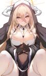  1girl azur_lane black_gloves blonde_hair blush breast_cutout breasts covered_navel fake_horns gloves habit hair_between_eyes half_gloves heart heart-shaped_pupils highres horns implacable_(azur_lane) large_breasts long_hair long_sleeves looking_at_viewer nun nyucha orange_eyes pelvic_curtain penetration_gesture revealing_clothes see-through simple_background solo spread_legs symbol-shaped_pupils thighhighs veil very_long_hair white_background white_horns white_thighhighs 