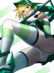  1girl absurdres akatsuki_kirika ass blonde_hair breasts elbow_gloves gloves green_eyes green_leotard green_skirt headgear highres leotard medium_breasts scythe senki_zesshou_symphogear short_hair skirt solo striped upskirt usagits_00 