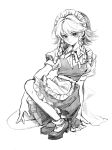  1girl 80isiiii absurdres apron braid closed_mouth collared_shirt dress frilled_apron frills full_body greyscale highres izayoi_sakuya maid_apron maid_headdress monochrome puffy_short_sleeves puffy_sleeves shirt shoes short_hair short_sleeves side_braids simple_background sketch socks solo touhou twin_braids waist_apron white_background 