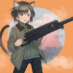  1girl :d animal_ears barrel_shroud bike_shorts black_eyes black_hair black_pants blush brave_witches browning_m2 buttons cat_ears cat_girl cat_tail circular_border commentary cowboy_shot dark-skinned_female dark_skin emblem fang fur-trimmed_jacket fur_trim green_jacket green_sweater grey_eyes gun heavy_machine_gun highres holding holding_gun holding_weapon jacket kullamas_blengkam long_sleeves looking_at_viewer machine_gun military_jacket olive_gun_on_a_pigeon open_clothes open_jacket open_mouth orange_background pants short_hair shorts skin_fang smile solo sweater tail turtleneck turtleneck_sweater unbuttoned uniform weapon world_witches_series 