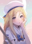  1girl absurdres alicia_florence aqua_background aria_(manga) aria_company_uniform beret blonde_hair blue_bow blue_bowtie blue_ribbon blurry blurry_foreground blush bow bowtie braid braided_ponytail commentary eyelashes gold_trim gradient_background hair_between_eyes hand_on_own_face hand_up hat hat_ribbon highres long_hair looking_at_viewer multicolored_background open_mouth oppaniichan pink_background purple_background purple_eyes ribbon sailor_collar short_sleeves sidelocks solo upper_body white_headwear 