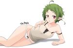  1girl :o ahoge arm_support artist_name camisole elf green_hair highres lying mushoku_tensei on_side open_mouth panties pointy_ears red_eyes short_hair solo strap_slip sylphiette_(mushoku_tensei) tledoujin underwear white_background white_panties 