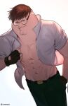  1boy abs absurdres black_gloves brown_hair cleft_chin closed_mouth collared_shirt family_guy fingerless_gloves glasses gloves green_eyes green_pants highres kowai_(iamkowai) male_focus muscular muscular_male pants peter_griffin popped_collar shirt short_hair smile solo unbuttoned unbuttoned_shirt very_short_hair white_background white_shirt 