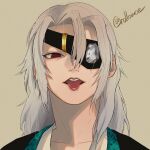  1boy :p brown_background crystal eyepatch grey_hair hair_between_eyes hair_down half-closed_eyes highres japanese_clothes kimetsu_no_yaiba kimono looking_at_viewer lowce_oniku male_focus medium_hair messy_hair official_alternate_costume one_eye_covered open_mouth portrait red_eyes simple_background solo spoilers tongue tongue_out twitter_username uzui_tengen 