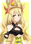  1girl absurdres bare_shoulders blonde_hair border breasts butterfly_hair_ornament celine_(fire_emblem) crown detached_sleeves dress fire_emblem fire_emblem_engage flower green_eyes hair_flower hair_ornament highres long_hair looking_at_viewer outside_border small_breasts smile solo to_(tototo_tk) upper_body very_long_hair white_border yellow_background 