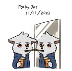  anthro badday canid canine canis clothing food fur hair hi_res hoodie male mammal mirror mirror_reflection northwoooof pocky pocky_day pocky_in_mouth red_eyes reflection simple_background solo standing topwear white_body white_fur wolf 