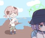  &gt;_&lt; 2girls blue_archive blue_headwear breasts brown_hair bucket_hat chibi day female_sensei_(blue_archive) green_eyes green_shorts halo hat highres hyakucha large_breasts looking_at_viewer medium_hair multiple_girls official_alternate_costume open_mouth outdoors purple_hair rash_guard saki_(blue_archive) saki_(swimsuit)_(blue_archive) sensei_(blue_archive) shirt short_hair short_sleeves shorts sweat white_shirt 