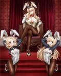  3girls adapted_costume animal_ears arms_up black_bow black_bowtie black_hairband black_pantyhose blonde_hair blue_eyes bow bowtie braid breasts bunny_day covered_navel crossed_legs crown detached_collar detached_sleeves fake_animal_ears french_braid gloves hairband high_heels highres janus_(kancolle) jervis_(kancolle) kantai_collection large_breasts leotard long_hair long_sleeves looking_at_viewer mini_crown multiple_girls open_mouth pantyhose parted_bangs playboy_bunny red_bow red_bowtie short_hair shrug_(clothing) sitting small_breasts smile strapless strapless_leotard throne traditional_bowtie ura_tomomi warspite_(kancolle) white_footwear white_gloves white_leotard white_wrist_cuffs 