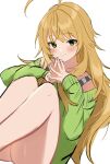  1girl ahoge bare_shoulders blonde_hair breasts closed_mouth collarbone dot_nose feet green_eyes green_sweater hands_up highres hoshii_miki idolmaster idolmaster_(classic) idolmaster_million_live! idolmaster_million_live!_theater_days knees_up long_hair long_sleeves looking_at_viewer medium_breasts off-shoulder_sweater off_shoulder satoupote shirt simple_background sitting smile solo steepled_fingers striped striped_shirt sweater white_background 
