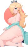  1girl absurdres anus aqua_dress blonde_hair blue_eyes blush breasts breasts_out crown dress earrings hair_over_one_eye highres jewelry large_breasts long_hair looking_at_viewer mario_(series) moursho nipples pussy rosalina solo star_(symbol) star_earrings super_mario_galaxy sweat uncensored 