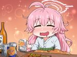  1girl antenna_hair beer_can blue_archive buttons can closed_eyes devil_yanghyeok drunk food halo highres holding holding_can hoshino_(blue_archive) long_hair long_sleeves open_mouth pink_hair pink_halo solo yakitori 