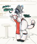  4_fingers absurd_res ambiguous_gender anthro apron biped claws clothing felid feline fingers hi_res kerfus korean_text machine mammal musical_note open_mouth open_smile pawpads red_apron robot smile solo tail tail_motion text yong_yong_yeee 