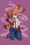  anthro blush bottomwear breasts brown_body brown_eyes brown_fur brown_hair cigarette clothing crop_top denim denim_clothing feelferal female fur hair half-closed_eyes head_tilt hi_res jeans kangaroo kneeling looking_at_viewer macropod mammal marsupial narrowed_eyes navel overalls panties pants shirt small_breasts smile smoke solo tail topwear torn_bottomwear torn_clothing torn_jeans torn_pants underwear 