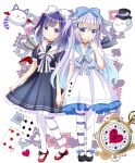  2girls absurdres alice_in_wonderland angora_rabbit animal animal_ears black_dress black_footwear black_headwear blue_bow blue_eyes blue_hair blue_sailor_collar bow card cheshire_cat_(alice_in_wonderland) cheshire_cat_(alice_in_wonderland)_(cosplay) closed_mouth club_(shape) commentary_request cosplay dress dual_persona fake_animal_ears fake_tail feathered_wings frilled_dress frilled_sailor_collar frills fuiba_fuyu full_body gochuumon_wa_usagi_desu_ka? grey_hair hair_bow hair_ornament hat heart highres kafuu_chino long_hair multiple_girls pantyhose parted_lips playing_card pleated_dress pocket_watch puffy_short_sleeves puffy_sleeves rabbit red_footwear red_wings roman_numeral ryoutan sailor_collar sailor_dress shoes short_sleeves smile spade_(shape) standing striped_tail tail tippy_(gochiusa) top_hat two_side_up very_long_hair watch white_bow white_dress white_pantyhose white_sailor_collar white_wings wings x_hair_ornament 