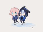  2girls :d arknights beanie black_headwear black_pantyhose black_ribbon black_thighhighs blue_eyes blue_hair blue_jacket blue_poison_(arknights) chibi closed_eyes commentary dailybloopy full_body glaucus_(arknights) grey_background hair_between_eyes hat ice_skates ice_skating jacket light_blue_hair light_blush long_hair long_sleeves low_twintails multiple_girls neck_ribbon open_clothes open_jacket open_mouth pantyhose pink_hair ribbon shirt short_hair simple_background skates skating smile symbol-only_commentary thighhighs twintails white_shirt 