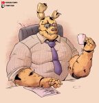  2023 animatronic anthro big_muscles chair clothed clothing coffee_mug desk dress_shirt eyewear five_nights_at_freddy&#039;s five_nights_at_freddy&#039;s_3 furniture glasses hi_res holding_object lagomorph leporid looking_at_viewer machine male mammal muscular muscular_anthro muscular_male necktie notched_ear paper patreon pecs pink_background rabbit robot scottgames shirt simple_background sitting smile solo springtrap_(fnaf) stompsthecroc table teeth text topwear twitch.tv url wire 