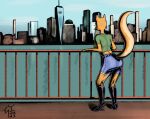  absurd_res anthro boots bottomwear butt canid canine city cityscape clothing female footwear fox hi_res lt._fox_vixen mammal rear_view sacrificabominat sea sek_studio shirt shorts sky solo squirrel_and_hedgehog t-shirt topwear water 