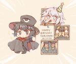  2others alternate_costume androgynous ascot black_eyes black_hair brown_ascot brown_coat cape chibi coat confetti enraku_tsubakura grey_eyes grey_hair happy_birthday hat hotaru_kago houlen_yabusame large_hat len&#039;en multiple_others party_hat party_popper red_ribbon ribbon short_hair short_hair_with_long_locks shorts top_hat 