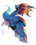  anthro armor bandai_namco belt blue_body butt claws digimon digimon_(species) flamedramon headgear helmet hi_res low-angle_view male scalie simple_background solo white_background youzaiyouzai112 