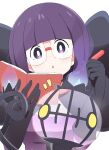  1girl black_bow black_gloves blunt_bangs bow chandelier dress glasses gloves holding holding_notebook holding_pen ixy looking_at_viewer medium_hair notebook open_mouth pen pokemon purple_eyes purple_hair shauntal_(pokemon) simple_background upper_body white_background 