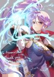  1girl absurdres armor artist_name belt breasts cape commission commissioner_upload electricity fire_emblem highres ishtar_(fire_emblem) jewelry karashino large_breasts magic necklace non-web_source pauldrons ponytail purple_eyes purple_hair shoulder_armor skeb_commission watermark 