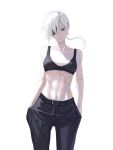  1girl abs belt_buckle black_bra black_pants bra breasts buckle chainsaw_man collarbone eyepatch hands_in_pockets head_tilt highres light_smile looking_at_viewer navel pants ponytail quanxi_(chainsaw_man) shirt simple_background small_breasts solo underwear utt_haru white_hair white_shirt 