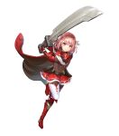  1girl armor armored_boots boots breastplate cape chachie closed_mouth covered_navel fire_emblem fire_emblem_engage fire_emblem_heroes gauntlets hair_ornament hairband highres holding holding_sword holding_weapon lapis_(fire_emblem) leg_up loincloth non-web_source official_art pink_hair red_armor red_cape red_eyes short_hair shoulder_armor skin_tight skirt solo sword thighhighs transparent_background weapon 