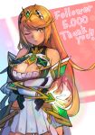  1girl arms_under_breasts bare_shoulders blonde_hair breasts cleavage cleavage_cutout closed_mouth clothing_cutout crossed_arms dress earrings elbow_gloves gloves highres jewelry long_hair looking_at_viewer milestone_celebration mythra_(xenoblade) one_eye_closed r123 solo swept_bangs thank_you white_dress white_gloves xenoblade_chronicles_(series) xenoblade_chronicles_2 yellow_eyes 