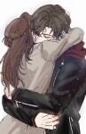  1boy 1girl artem_wing_(tears_of_themis) black_jacket braid brown_hair brown_jacket closed_mouth commentary emjiajia hair_bun highres hood hood_down hoodie hug jacket long_hair long_sleeves red_hoodie rosa_(tears_of_themis) simple_background sketch tears_of_themis white_background 