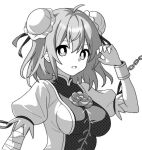  1girl ahoge bandaged_arm bandages breasts bun_cover chain cuffs double_bun greyscale hair_between_eyes hair_bun ibaraki_kasen medium_breasts monochrome onkn_sxkn open_mouth shirt short_hair short_sleeves simple_background solo tabard touhou upper_body white_background 