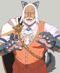  1boy animal_costume animal_ears animal_hands ascot bara beard blue_eyes brooch cape cat_ears cat_paws cat_tail costume crest facial_hair fangs fangs_out grey_background highres jewelry jp_(street_fighter) large_pectorals long_hair male_focus mature_male muscular muscular_male mustache pectorals print_shirt sa1k0p shirt solo street_fighter street_fighter_6 sweatdrop tail thick_eyebrows thick_mustache vest white_hair 