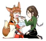  2girls animal_ears barbarian_mi_ho blush braid breasts brown_hair butterfly_hair_ornament chain cherry_blossom_print chibi choker cuffs detached_pants feeding floral_print fox_ears fox_girl fumi_(1st_costume)_(nijisanji) fumi_(nijisanji) gradient_hair green_sweater grey_hair hair_ornament hair_over_one_eye hakama hakama_skirt japanese_clothes kimono lace-trimmed_sleeves lace_trim large_breasts long_braid long_hair miko multicolored_hair multiple_girls nijisanji open_mouth orange_eyes red_choker red_hakama ribbed_sweater shackles shirayuki_tomoe shirayuki_tomoe_(1st_costume) single_braid skirt smile sweater virtual_youtuber white_kimono yuri 