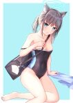  1girl animal_ear_fluff animal_ears bag bare_shoulders barefoot black_one-piece_swimsuit blue_archive blue_eyes breasts cleavage clothes_pull competition_swimsuit covered_navel cross_hair_ornament extra_ears grey_hair hair_ornament halo highres low_ponytail medium_breasts medium_hair mismatched_pupils multicolored_clothes multicolored_swimsuit one-piece_swimsuit one-piece_swimsuit_pull shiroko_(blue_archive) shiroko_(swimsuit)_(blue_archive) sitting solo suginagi_kouta swimsuit wolf_ears yokozuwari 