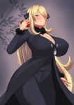  1girl black_coat black_pants blonde_hair blush breasts cleavage closed_mouth coat commentary_request cynthia_(pokemon) fur-trimmed_sleeves fur_collar fur_trim grey_eyes hair_ornament hair_over_one_eye hand_up highres holding holding_poke_ball huge_breasts long_hair looking_at_viewer pants poke_ball poke_ball_(basic) pokemon pokemon_(game) pokemon_dppt skyloveit smile solo very_long_hair 
