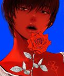  1girl berserk black_hair blue_background brand_of_sacrifice brown_eyes casca_(berserk) commentary_request flower hair_between_eyes highres leaf looking_at_viewer nisino2222 open_mouth parted_lips red_flower short_hair solo 