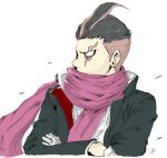  1boy bandaged_hand bandages black_coat black_hair clip_studio_paint_(medium) coat crossed_arms danganronpa_(series) danganronpa_2:_goodbye_despair grey_eyes leaf long_sleeves male_focus multicolored_hair purple_scarf rifu_(leaf16ns) scar scar_across_eye scarf scarf_over_mouth shirt short_hair tanaka_gundham two-tone_hair upper_body white_background white_shirt 