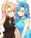  2girls axel_syrios blonde_hair blue_eyes blue_hair blush china_dress chinese_clothes coll_(erichankun) dress english_commentary eyelashes genderswap genderswap_(mtf) green_eyes hair_between_eyes hairband hand_on_own_hip holostars holostars_english long_hair looking_at_another multicolored_hair multiple_girls open_mouth ponytail red_hair regis_altare simple_background sketch twitter_username two-tone_hair upper_body virtual_youtuber wavy_hair 
