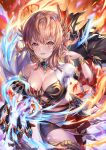  1girl akami770 black_skirt boobplate bracelet braid breasts brown_hair cleavage cowboy_shot detached_sleeves dragon_girl fire galmieux_omen_of_disdain gem hand_up highres jewelry large_breasts long_hair midriff miniskirt monster_girl open_mouth red_eyes scales shadowverse single_bare_shoulder single_thighhigh skirt solo thighhighs tongue 