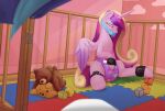  absurd_res blue_hair cuff_(restraint) diaper diaper_fetish edrian equid equine female feral friendship_is_magic gag hair hasbro hi_res horn mammal my_little_pony object_in_mouth pacifier pacifier_gag pacifier_in_mouth plushie princess_cadance_(mlp) quadruped restraints shackles shining_armor_(mlp) teddy_bear winged_unicorn wings 