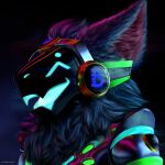  absurd_res anthro armor blue_body blue_eyes blue_fur canid canine cybernetics fluffy fox_becket fur glowing glowing_eyes glowing_mouth goldapolloart hair happy headgear hi_res hybrid machine male mammal metal neck_tuft night open_mouth open_visor protogen protogen_armor protogen_visor realistic realistic_fur realistic_lighting red_body red_fur smile solo tongue tuft visor 