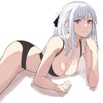  1girl absurdres ak-12_(girls&#039;_frontline) alternate_costume artificial_eyes bikini black_bikini black_bra black_panties bra breasts cleavage closed_mouth girls&#039;_frontline grey_hair hand_on_own_chin highres kavni light_blush long_hair looking_at_viewer lying medium_breasts on_stomach panties ponytail purple_eyes sidelocks simple_background solo swimsuit thighs underwear 