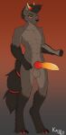 2023 abs absurd_res anthro arm_tuft ball_tuft balls big_balls brown_body brown_fur brown_hair canid canid_demon canine canis claws crotch_tuft demon digitigrade erection fur genitals glistening glistening_genitalia glistening_penis hair hellhound hi_res horn kaiju_rat knot leg_tuft male mammal muscular muscular_anthro muscular_male nude penis pupils red_eyes simple_background slit_pupils solo tail takal toe_claws tuft yellow_sclera 