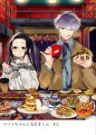  1boy 1girl :p black_hair blueberry commentary_request cup eating egg_(food) food food_on_face fork fruit glasses grey_hair holding holding_cup holding_fork indoors long_hair long_sleeves looking_at_viewer one_eye_closed orange_juice original pancake short_hair sitting sweets toast tongue tongue_out yamamoto_tomomitsu yellow_eyes 
