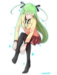  1girl adjusting_clothes adjusting_legwear alice_carroll andanden aria black_ribbon black_shirt black_thighhighs blush closed_eyes closed_mouth collared_shirt green_hair hair_ribbon invisible_chair jacket knees_together_feet_apart leaning_forward long_hair long_sleeves miniskirt necktie no_shoes pleated_skirt red_skirt ribbon school_uniform shirt sidelocks signature simple_background sitting skirt solo sparkle thighhighs two_side_up very_long_hair white_background white_necktie yellow_jacket 