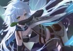  1girl belt_pouch crop_top cropped_jacket eiyuu_densetsu elbow_gloves fie_claussell fingerless_gloves floating_hair gloves green_eyes gunblade holding holding_weapon lancefate long_hair looking_at_viewer navel pouch sen_no_kiseki sen_no_kiseki_iii solo weapon white_hair 