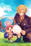  2boys :d artist_name backpack bag blonde_hair blue_bag blue_sky closed_eyes cloud commentary_request cotton_candy girikashi43 hair_over_one_eye highres kneeling male_focus multiple_boys on_grass one_piece sanji_(one_piece) short_hair sky smile standing teeth tony_tony_chopper v-shaped_eyebrows 