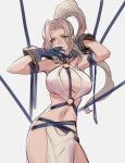 1girl breasts closed_mouth collarbone detached_sleeves dress gensou_suikoden gensou_suikoden_i gloves high_ponytail jeane_(suikoden) jewelry large_breasts long_hair looking_at_viewer navel o-ring p-nekor ponytail revealing_clothes simple_background solo white_background white_hair 